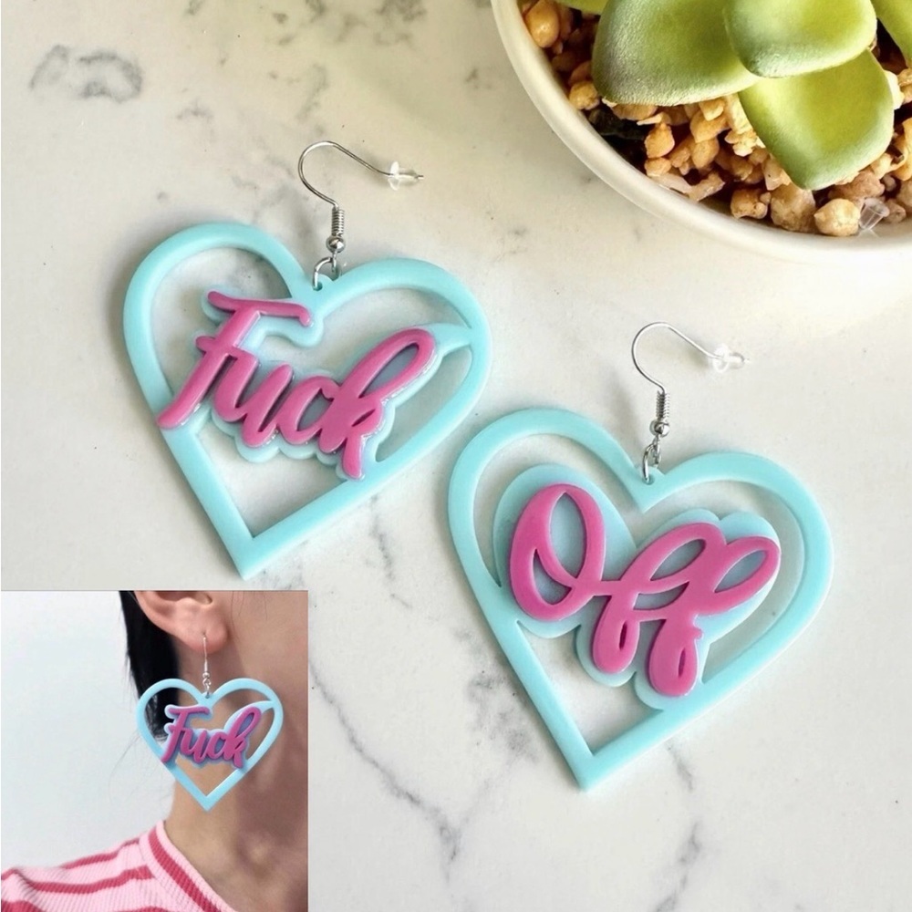 F*ck Off Earrings Acrylic Hearts Blue Pink Kawaii Cute Unique Jewelry F Off NEW
